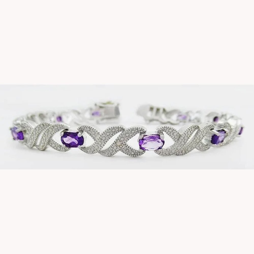 Genuine 7.18 Cts Amethyst & Diamond Bracelet 14k White Gold Plated